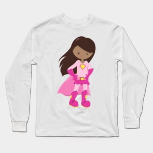 African American Girl, Pink Cape, Superhero Girl Long Sleeve T-Shirt